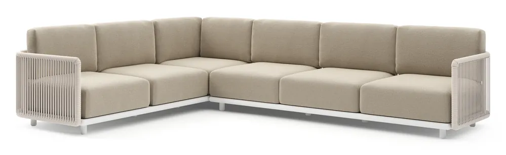 Direct Verzonden Organo loungehoek in wit aluminium en beige verticaal geweven luxe vlakke rope met marbella sand all weather Cosytica kussen