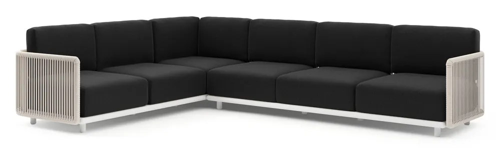 Organo loungehoek in wit aluminium en beige verticaal geweven luxe vlakke rope met lopi baribal all weather Sunbrella® luxe kussen Betaalbaar