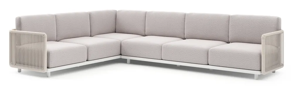 Weekendaanbieding Organo loungehoek in wit aluminium en beige verticaal geweven luxe vlakke rope met wander gobi all weather Sunbrella® luxe kussen