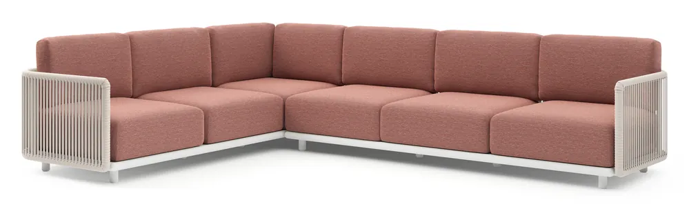 Weekendaanbieding Organo loungehoek in wit aluminium en beige verticaal geweven luxe vlakke rope met slow alezan all weather Sunbrella® luxe kussen