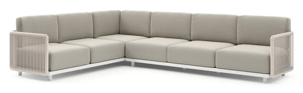 Organo loungehoek in wit aluminium en beige verticaal geweven luxe vlakke rope met firenze sand all weather Solica kussen Voordeelprijs