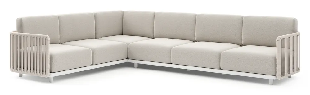 Organo loungehoek in wit aluminium en beige verticaal geweven luxe vlakke rope met firenze natural all weather Solica kussen Speciale Aanbieding