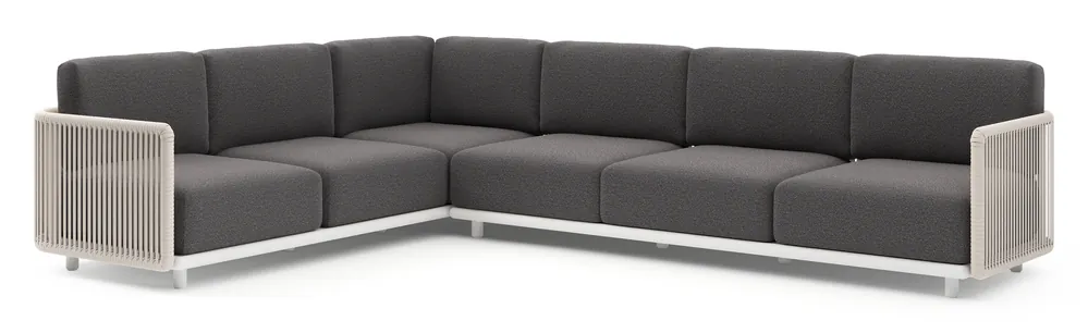 Organo loungehoek in wit aluminium en beige verticaal geweven luxe vlakke rope met firenze tunder all weather Solica kussen Direct Verzonden