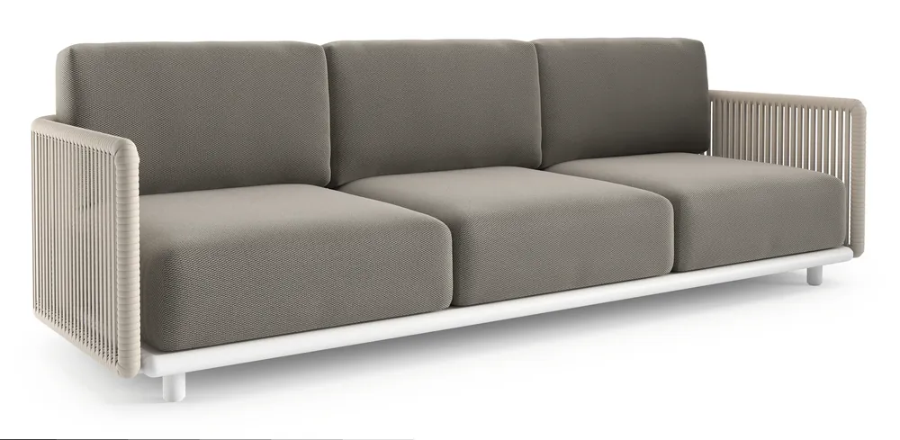Betaalbaar Organo loungebank in wit aluminium en beige verticaal geweven luxe vlakke rope met lopi charcoal all weather Sunbrella® luxe kussen