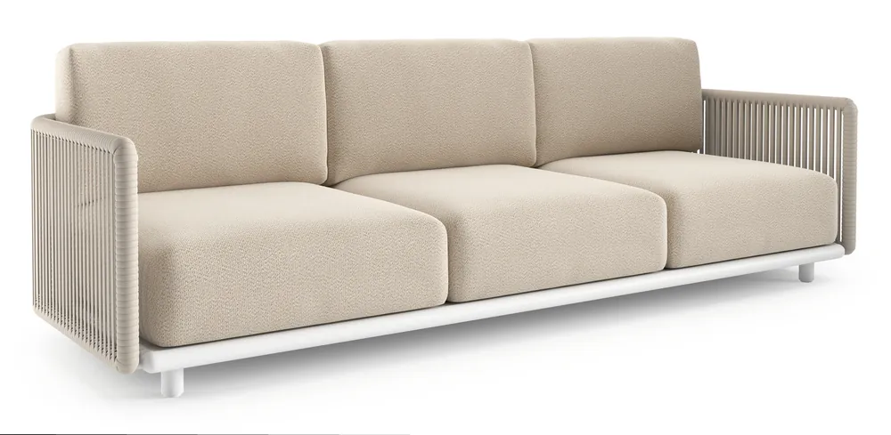 Organo loungebank in wit aluminium en beige verticaal geweven luxe vlakke rope met lopi sand all weather Sunbrella® luxe kussen Beste Prijs