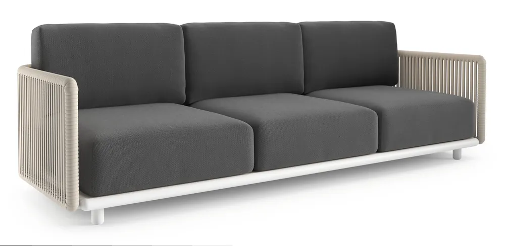 Organo loungebank in wit aluminium en beige verticaal geweven luxe vlakke rope met lopi shadow all weather Sunbrella® luxe kussen Snelle Levering