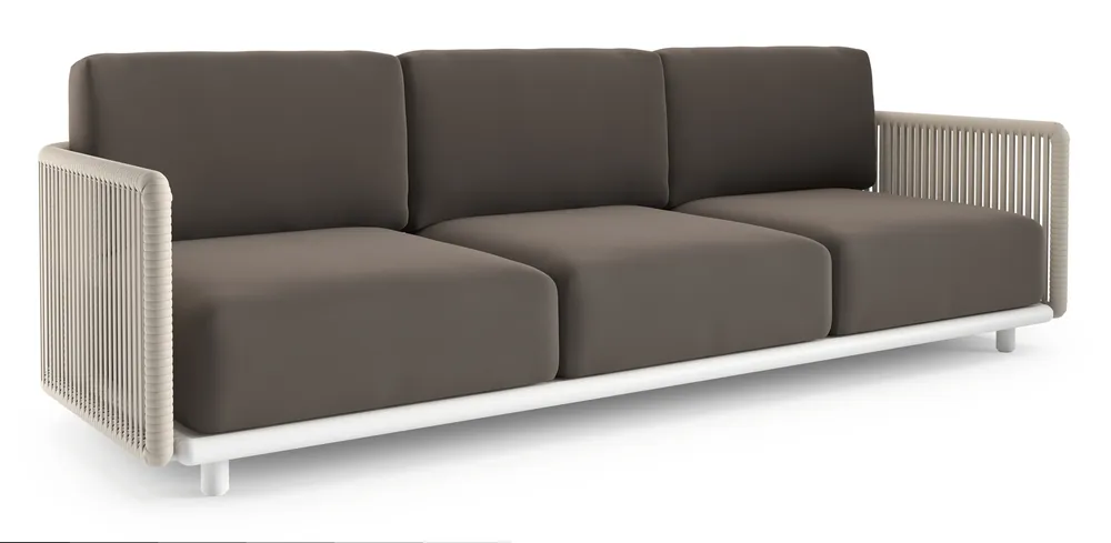 Organo loungebank in wit aluminium en beige verticaal geweven luxe vlakke rope met natte nature grey all weather Sunbrella® luxe kussen Lage Prijs