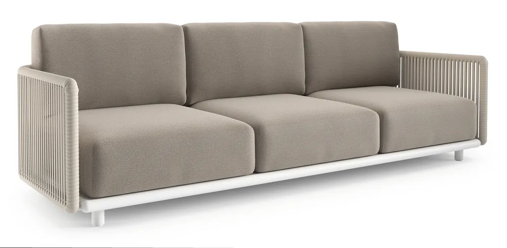 Gereduceerde Prijs Organo loungebank in wit aluminium en beige verticaal geweven luxe vlakke rope met savane coconut all weather Sunbrella® luxe kussen
