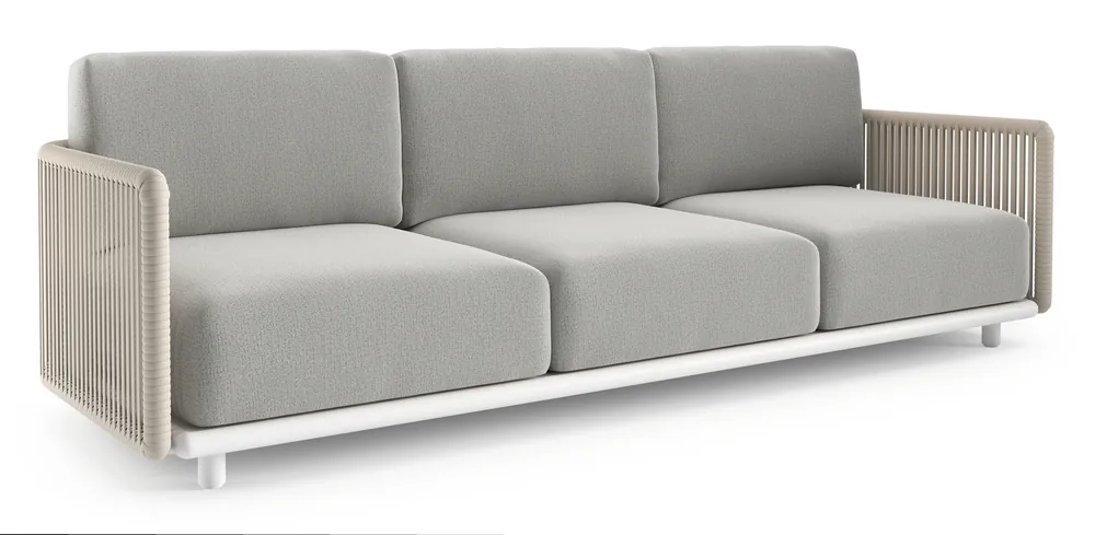 Organo loungebank in wit aluminium en beige verticaal geweven luxe vlakke rope met savane nimbus all weather Sunbrella® luxe kussen Betrouwbaar