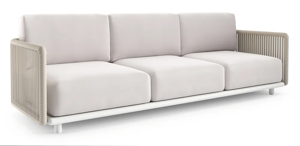 Dagaanbieding Organo loungebank in wit aluminium en beige verticaal geweven luxe vlakke rope met savane whisper all weather Sunbrella® luxe kussen