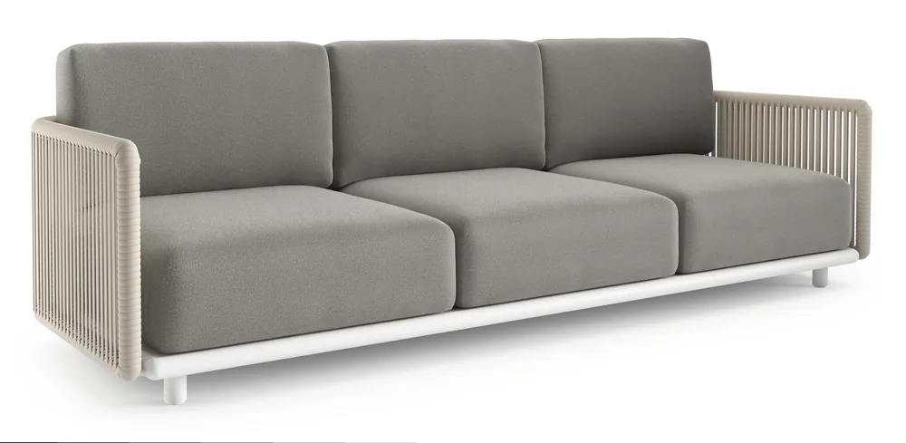 Organo loungebank in wit aluminium en beige verticaal geweven luxe vlakke rope met savane zinc all weather Sunbrella® luxe kussen Direct Verzonden