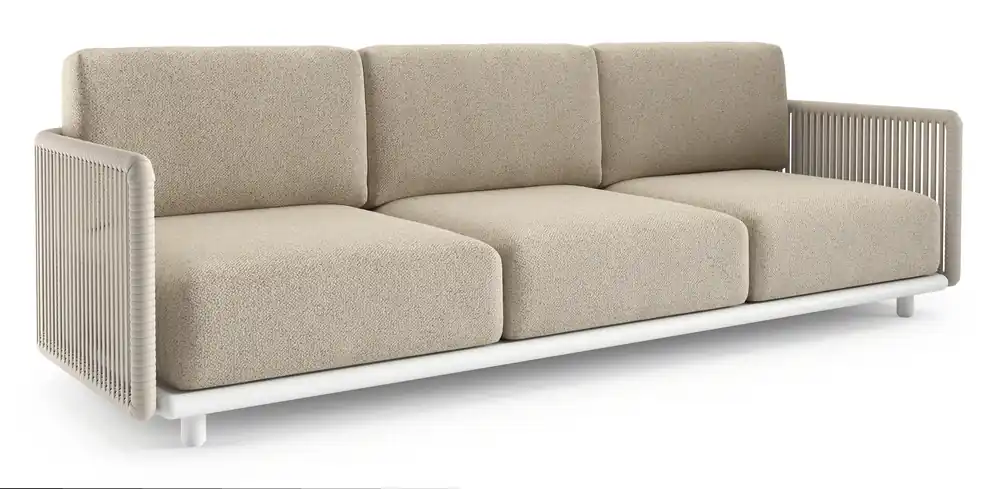 Tijdelijk Beschikbaar Organo loungebank in wit aluminium en beige verticaal geweven luxe vlakke rope met bora desert all weather Cosytica kussen