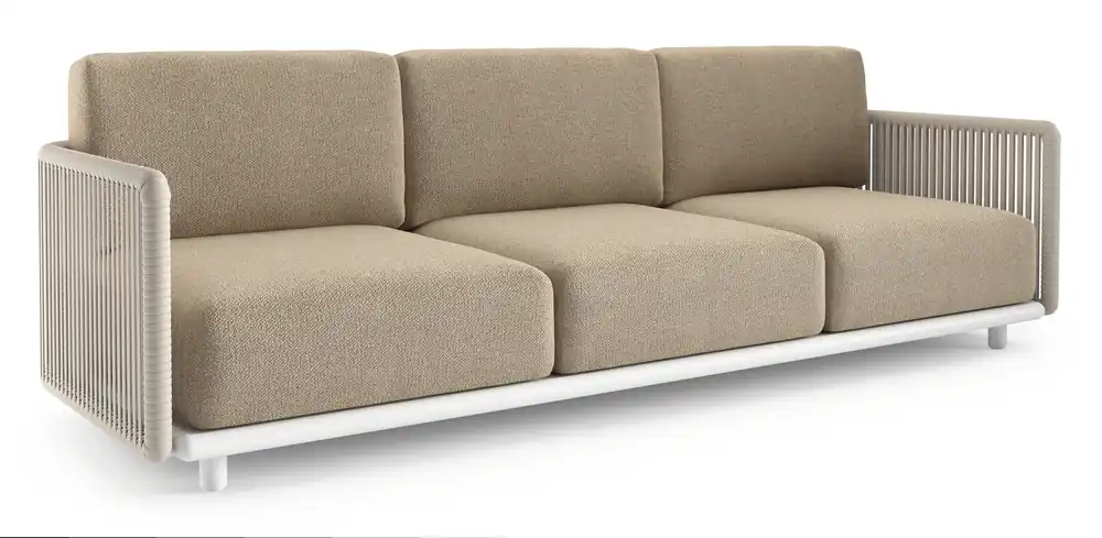 Tijdelijk Beschikbaar Organo loungebank in wit aluminium en beige verticaal geweven luxe vlakke rope met madagascar oak all weather Cosytica kussen