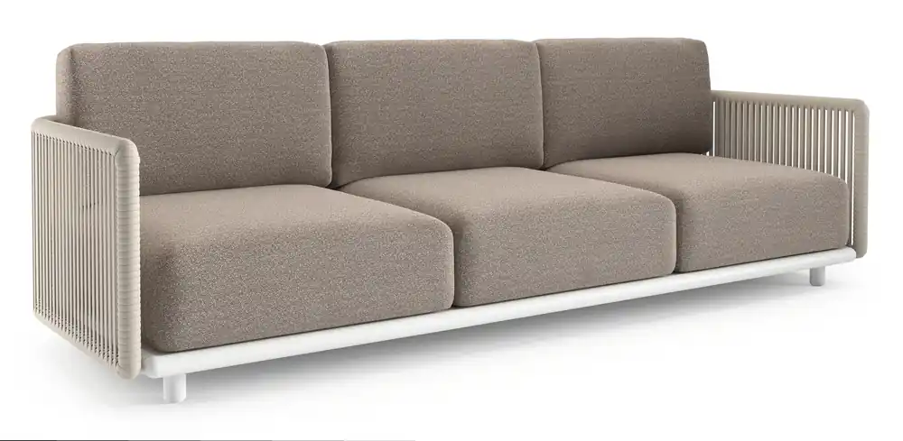 Gecertificeerd Organo loungebank in wit aluminium en beige verticaal geweven luxe vlakke rope met wander manioc all weather Sunbrella® luxe kussen