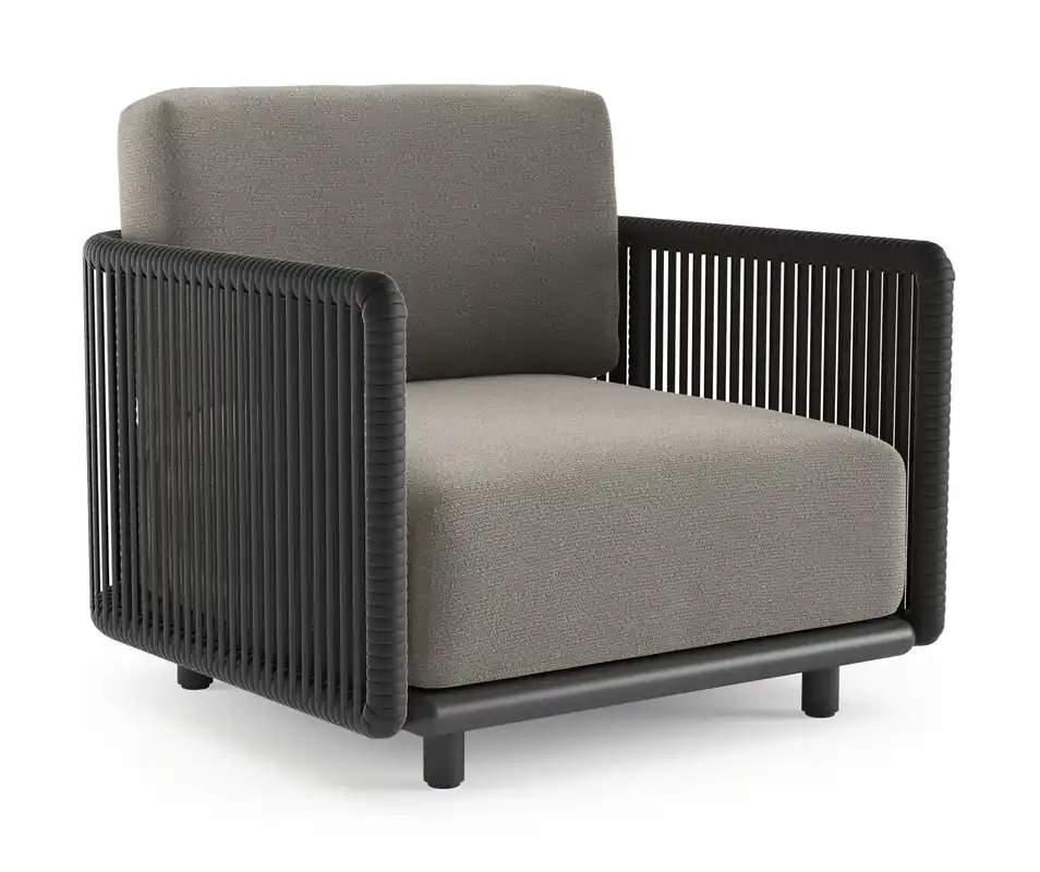Rechtstreeks Van De Fabrikant Organo loungestoel in zwart aluminium en zwart verticaal geweven luxe vlakke rope met lopi silver all weather Sunbrella® luxe kussen