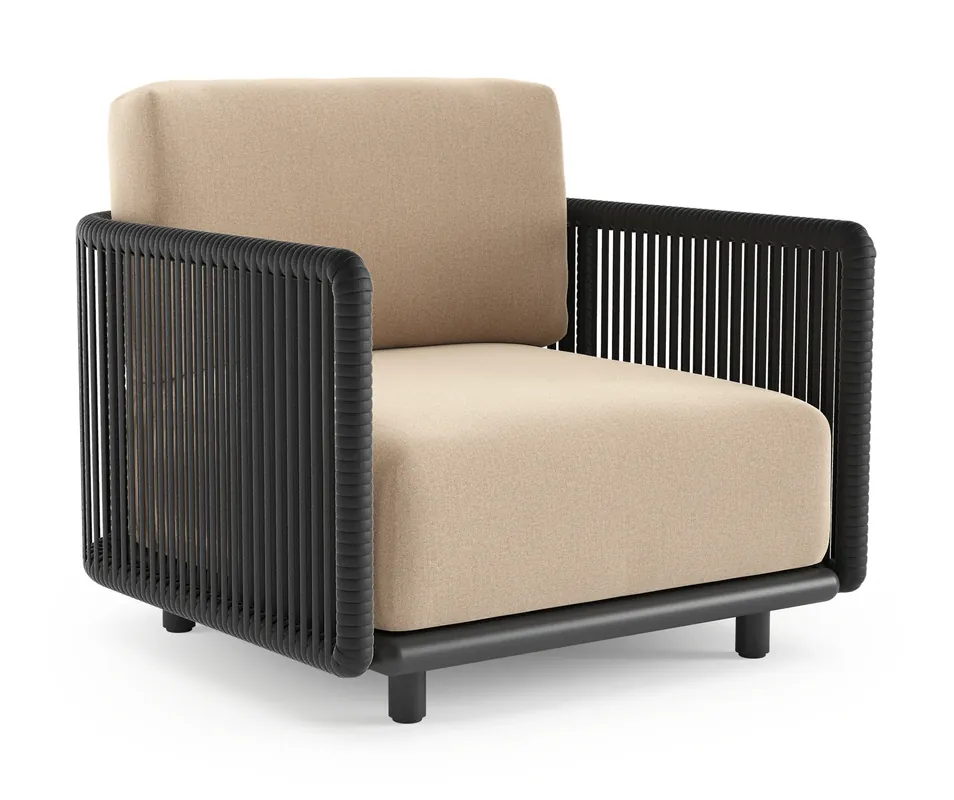 Organo loungestoel in zwart aluminium en zwart verticaal geweven luxe vlakke rope met natte heather beige all weather Sunbrella® luxe kussen Koop Vandaag