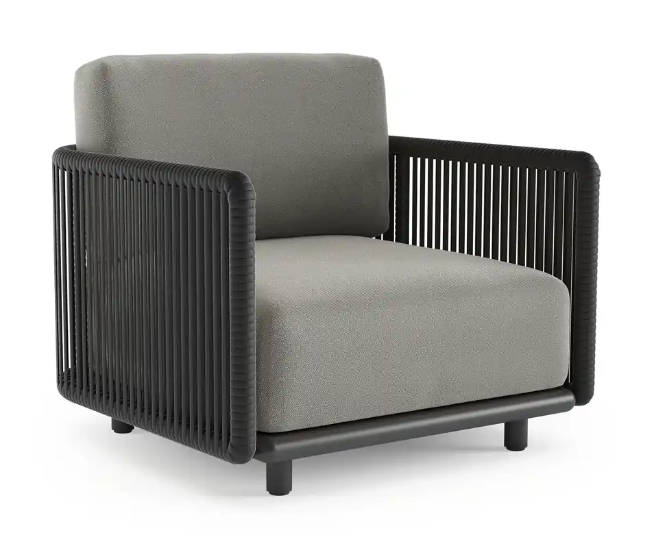 Organo loungestoel in zwart aluminium en zwart verticaal geweven luxe vlakke rope met savane zinc all weather Sunbrella® luxe kussen Express Levering