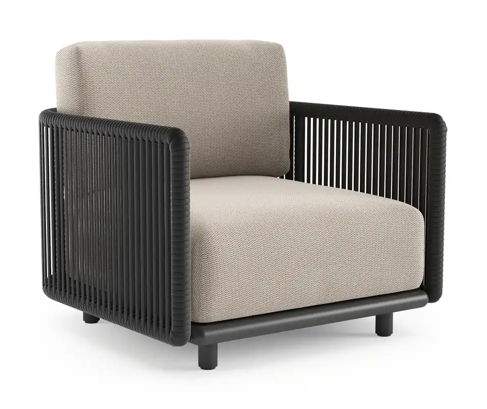 Organo loungestoel in zwart aluminium en zwart verticaal geweven luxe vlakke rope met lopi fossil all weather Sunbrella® luxe kussen Bestseller