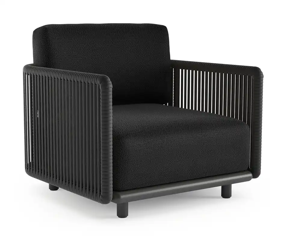 Merkproduct Organo loungestoel in zwart aluminium en zwart verticaal geweven luxe vlakke rope met lopi baribal all weather Sunbrella® luxe kussen