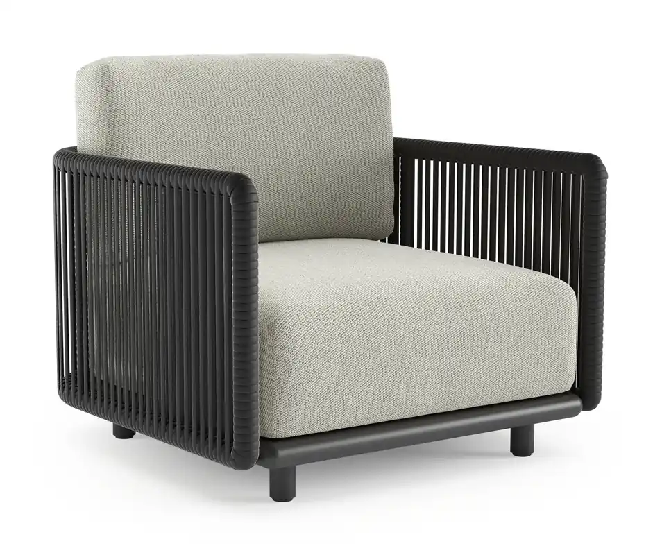 Organo loungestoel in zwart aluminium en zwart verticaal geweven luxe vlakke rope met lopi bud all weather Sunbrella® luxe kussen Premium