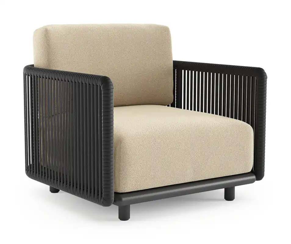 Organo loungestoel in zwart aluminium en zwart verticaal geweven luxe vlakke rope met soul papyrus all weather Solica kussen Korting