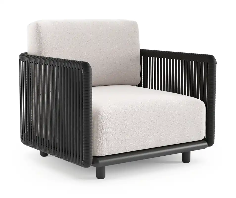 Organo loungestoel in zwart aluminium en zwart verticaal geweven luxe vlakke rope met ego eggshell all weather Solica kussen Betrouwbaar