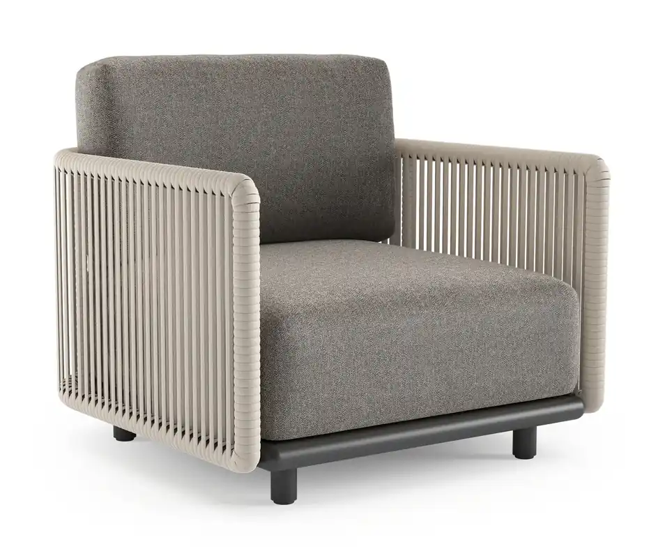 Premium Organo loungestoel in zwart aluminium en beige verticaal geweven luxe vlakke rope met chartres drizzle all weather Sunbrella® luxe kussen