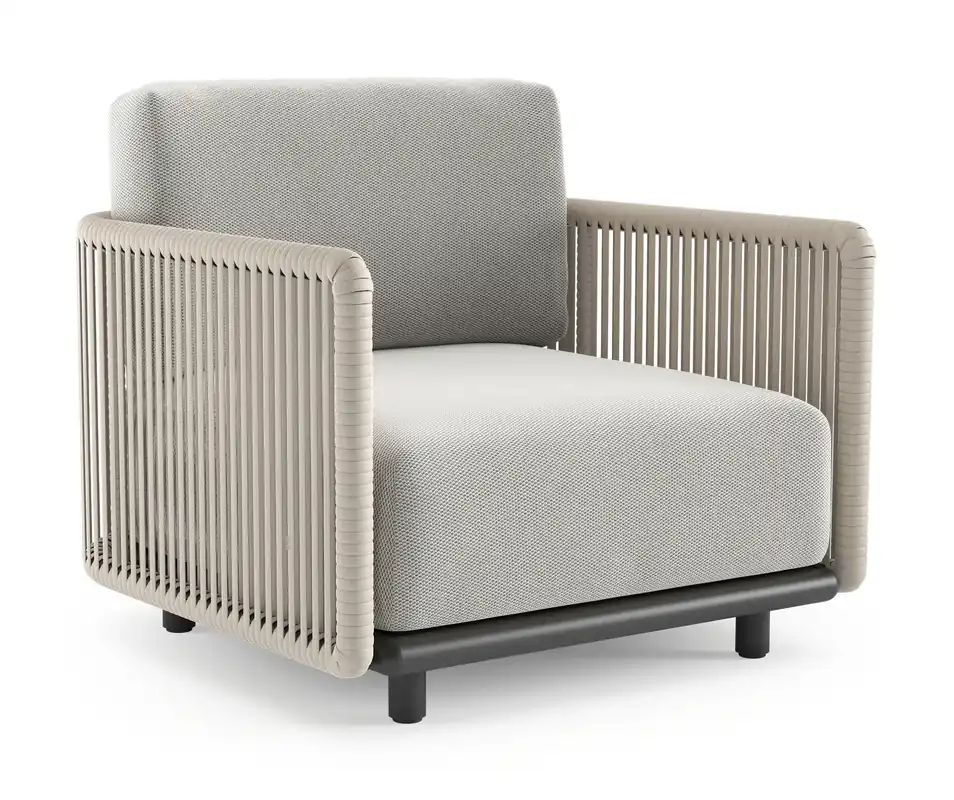 Organo loungestoel in zwart aluminium en beige verticaal geweven luxe vlakke rope met lopi ash all weather Sunbrella® luxe kussen Seizoensaanbieding