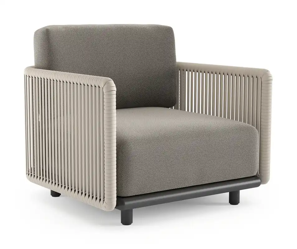 Laatste Kans Organo loungestoel in zwart aluminium en beige verticaal geweven luxe vlakke rope met lopi charcoal all weather Sunbrella® luxe kussen
