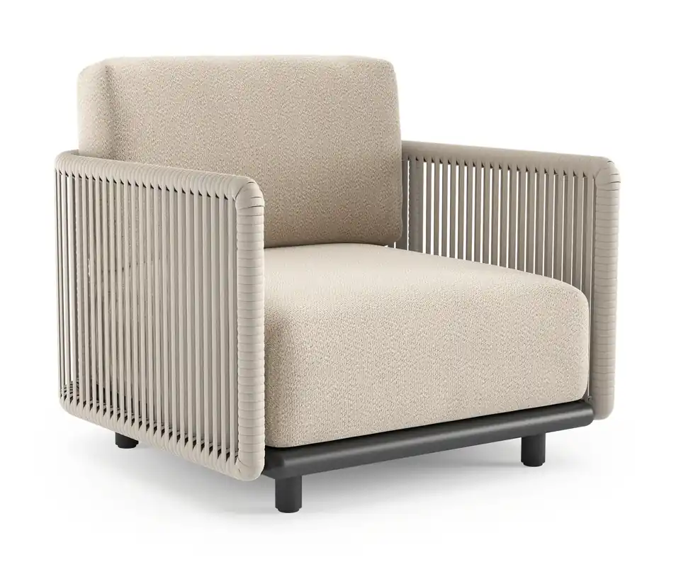 Lage Kosten Organo loungestoel in zwart aluminium en beige verticaal geweven luxe vlakke rope met lopi sand all weather Sunbrella® luxe kussen