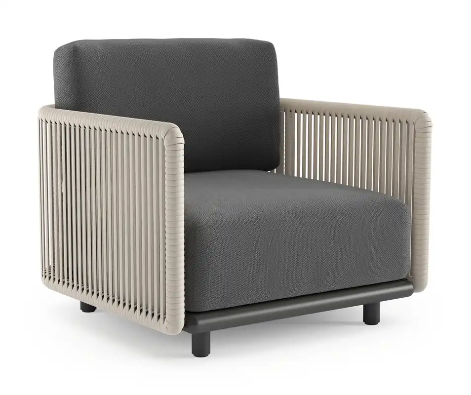 Actieprijs Organo loungestoel in zwart aluminium en beige verticaal geweven luxe vlakke rope met lopi shadow all weather Sunbrella® luxe kussen