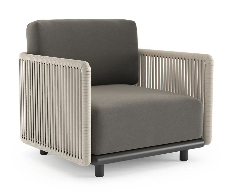 Hoge Kwaliteit Organo loungestoel in zwart aluminium en beige verticaal geweven luxe vlakke rope met natte dark taupe all weather Sunbrella® luxe kussen