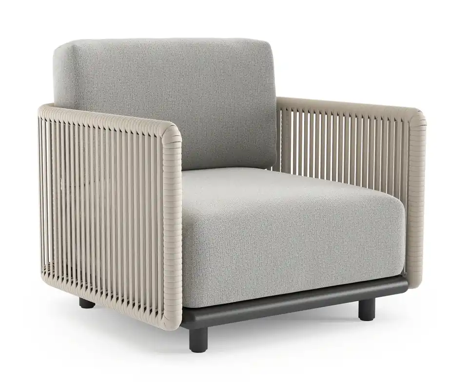 Organo loungestoel in zwart aluminium en beige verticaal geweven luxe vlakke rope met savane nimbus all weather Sunbrella® luxe kussen Veilige Betaling