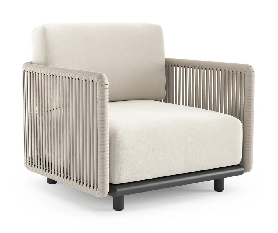 Organo loungestoel in zwart aluminium en beige verticaal geweven luxe vlakke rope met savane white all weather Sunbrella® luxe kussen Shop Nu