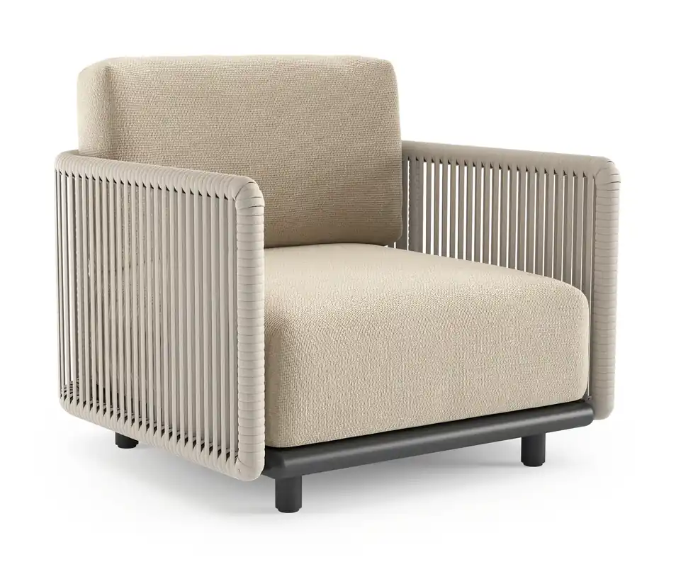 Organo loungestoel in zwart aluminium en beige verticaal geweven luxe vlakke rope met althea chalk all weather Cosytica kussen Lage Prijs