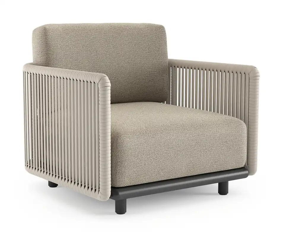 Organo loungestoel in zwart aluminium en beige verticaal geweven luxe vlakke rope met catania beige all weather Cosytica kussen Nu Kopen