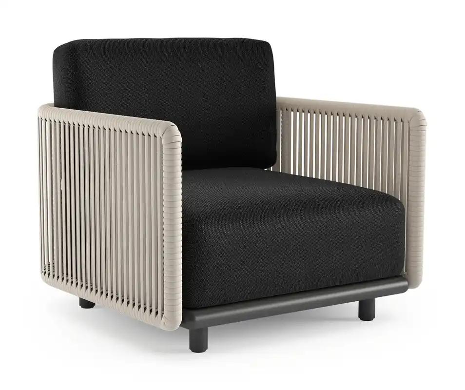 Organo loungestoel in zwart aluminium en beige verticaal geweven luxe vlakke rope met lopi baribal all weather Sunbrella® luxe kussen Must-Have