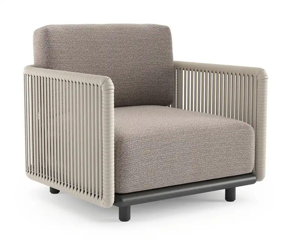 Organo loungestoel in zwart aluminium en beige verticaal geweven luxe vlakke rope met wander granite all weather Sunbrella® luxe kussen Flitsaanbieding