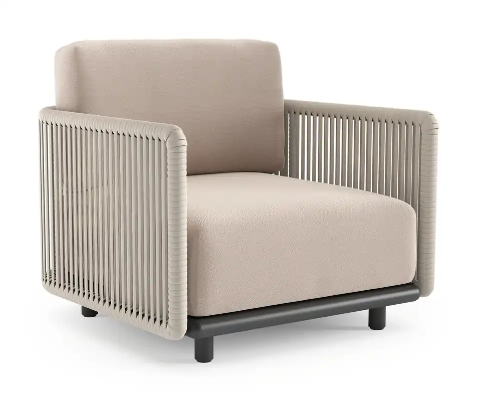 Organo loungestoel in zwart aluminium en beige verticaal geweven luxe vlakke rope met wander pilat all weather Sunbrella® luxe kussen Meest Verkocht