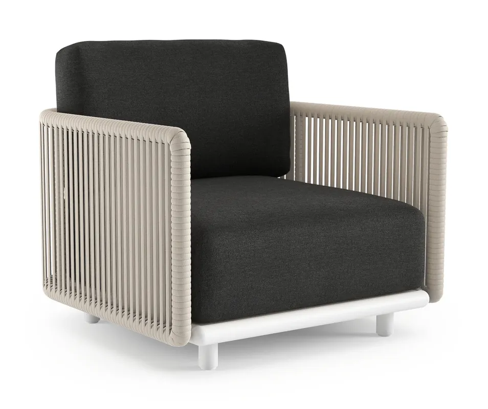 Exclusieve Aanbieding Organo loungestoel in wit aluminium en beige verticaal geweven luxe vlakke rope met chartres sooty all weather Sunbrella® luxe kussen