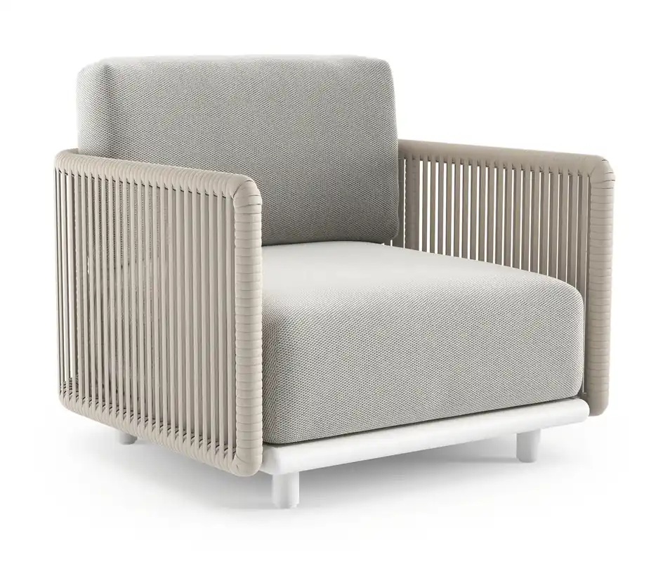 Rechtstreeks Van De Fabrikant Organo loungestoel in wit aluminium en beige verticaal geweven luxe vlakke rope met lopi ash all weather Sunbrella® luxe kussen