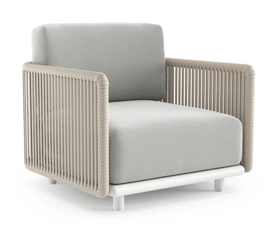 Actieprijs Organo loungestoel in wit aluminium en beige verticaal geweven luxe vlakke rope met natte grey chine all weather Sunbrella® luxe kussen