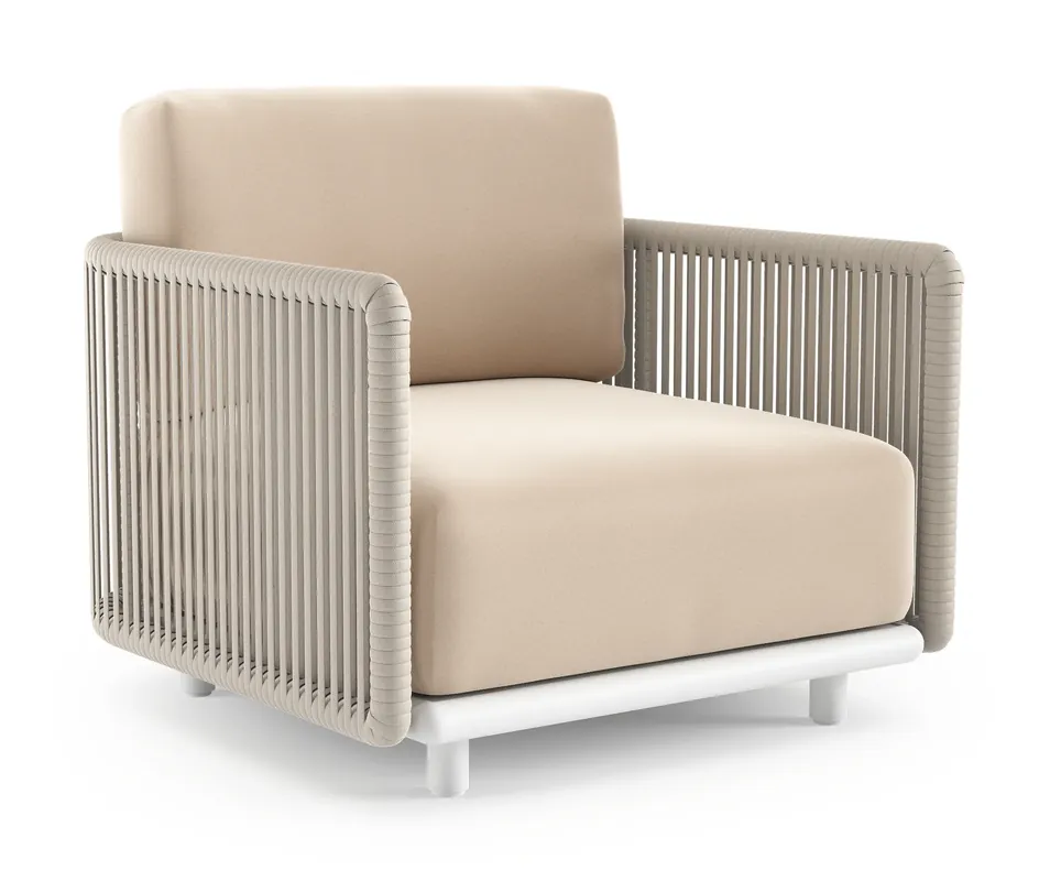 Organo loungestoel in wit aluminium en beige verticaal geweven luxe vlakke rope met natte linen chalk all weather Sunbrella® luxe kussen Lage Prijs