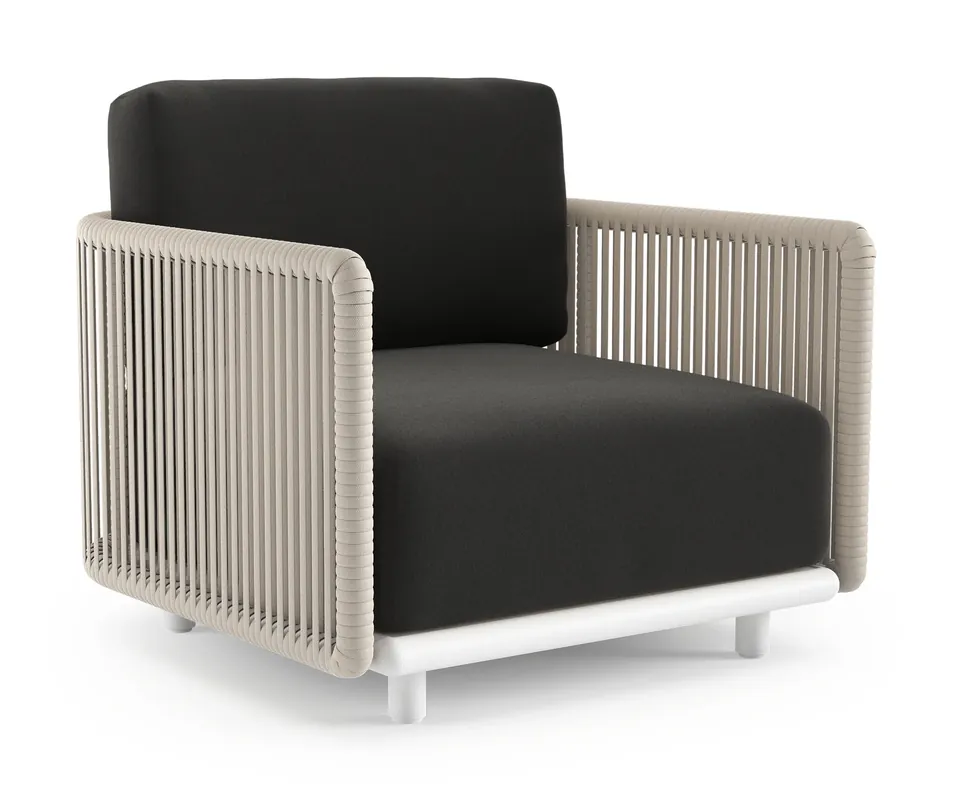 Organo loungestoel in wit aluminium en beige verticaal geweven luxe vlakke rope met natte sooty all weather Sunbrella® luxe kussen Beste Prijs