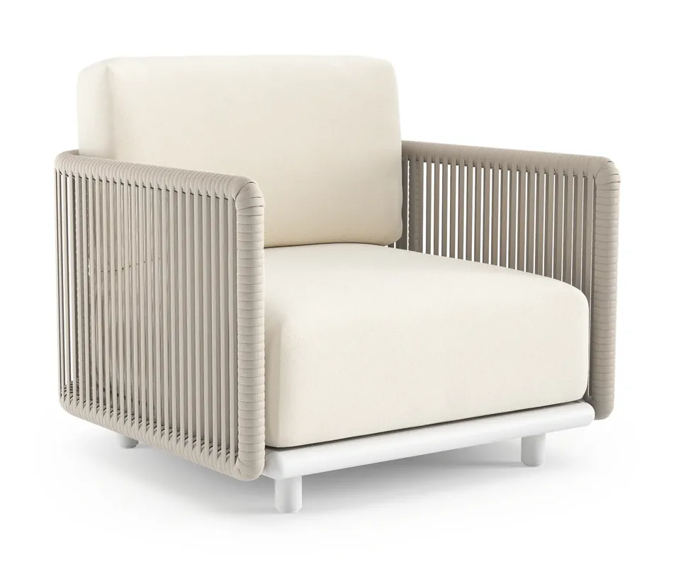 Organo loungestoel in wit aluminium en beige verticaal geweven luxe vlakke rope met natte white all weather Sunbrella® luxe kussen Express Levering