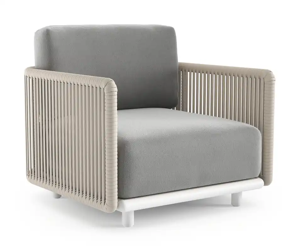 Organo loungestoel in wit aluminium en beige verticaal geweven luxe vlakke rope met savane grey all weather Sunbrella® luxe kussen Goedkoop