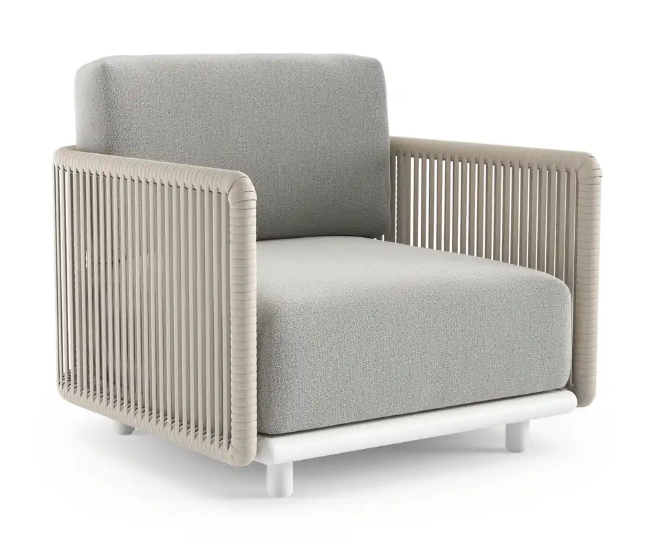 Organo loungestoel in wit aluminium en beige verticaal geweven luxe vlakke rope met savane nimbus all weather Sunbrella® luxe kussen Superprijs