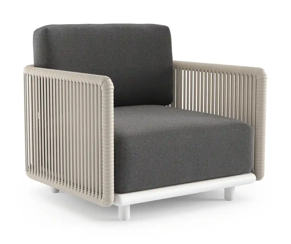 Voordeelprijs Organo loungestoel in wit aluminium en beige verticaal geweven luxe vlakke rope met savane tornado all weather Sunbrella® luxe kussen