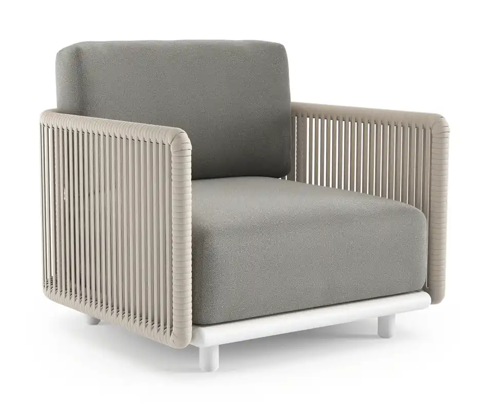 Lage Prijs Organo loungestoel in wit aluminium en beige verticaal geweven luxe vlakke rope met savane zinc all weather Sunbrella® luxe kussen