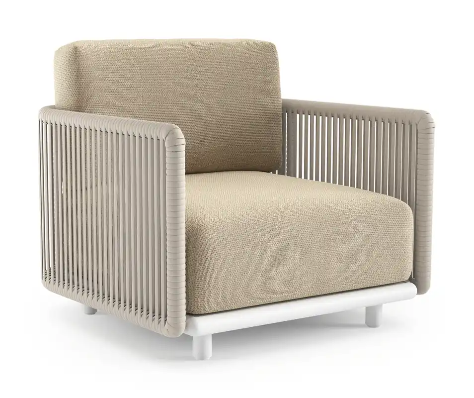 Gratis Retour Organo loungestoel in wit aluminium en beige verticaal geweven luxe vlakke rope met althea camel all weather Cosytica kussen